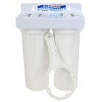Twin 10" x 2.5" QMP Water Filter Housing on Powder Coated White Bracket with quarter inch female threaded ports USA made