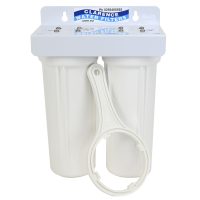 Twin 10" x 2.5" QMP Water Filter Housing on Powder Coated White Bracket with quarter inch female threaded ports USA made