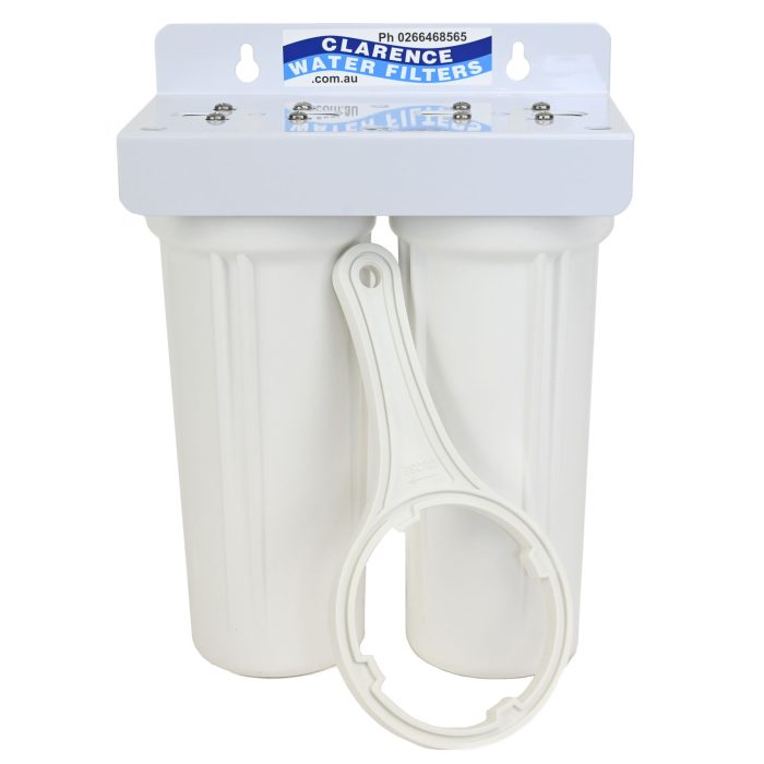 Twin 10" x 2.5" QMP Water Filter Housing on Powder Coated White Bracket with quarter inch female threaded ports USA made