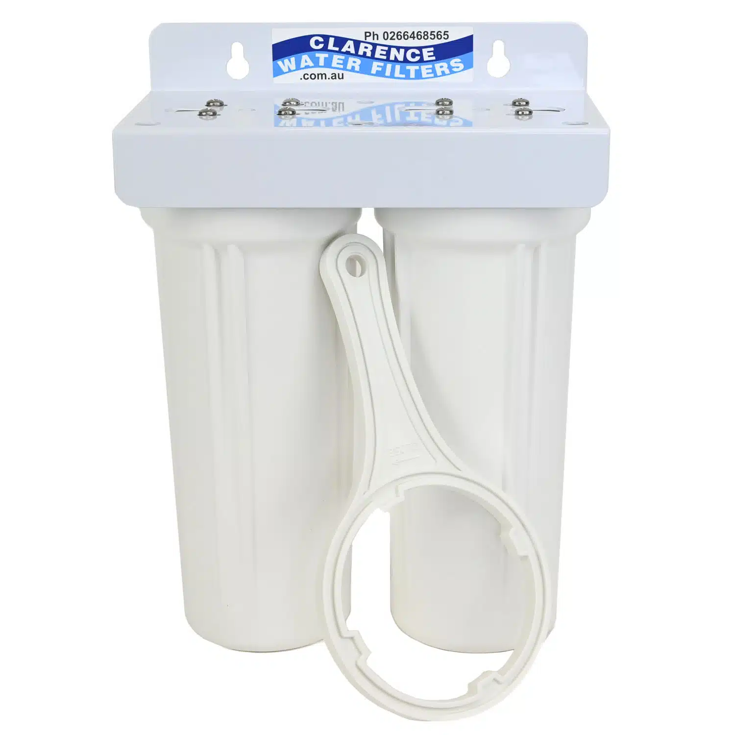 Twin 10" x 2.5" QMP Water Filter Housing on Powder Coated White Bracket with quarter inch female threaded ports USA made