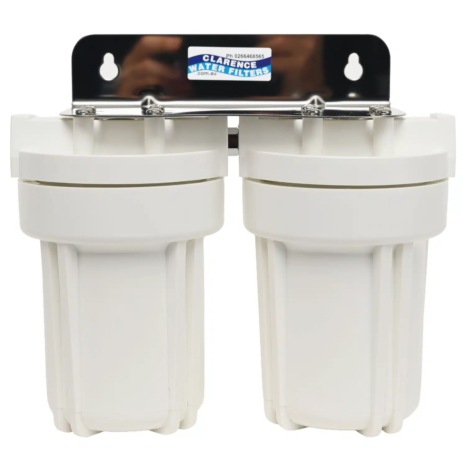 Twin 5 inch by 2 point 5 inch QMP water filter housings made in the usa with bracket and spanner