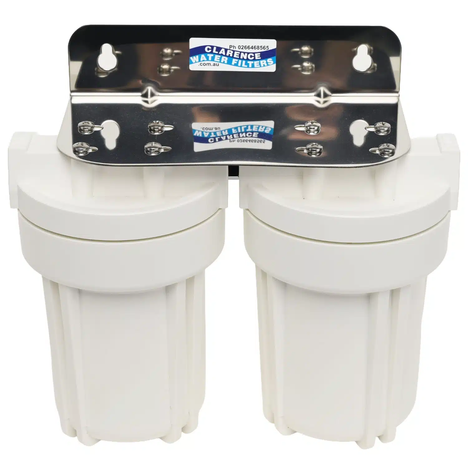 Twin 5 inch by 2 point 5 inch QMP water filter housings made in the usa with bracket and spanner