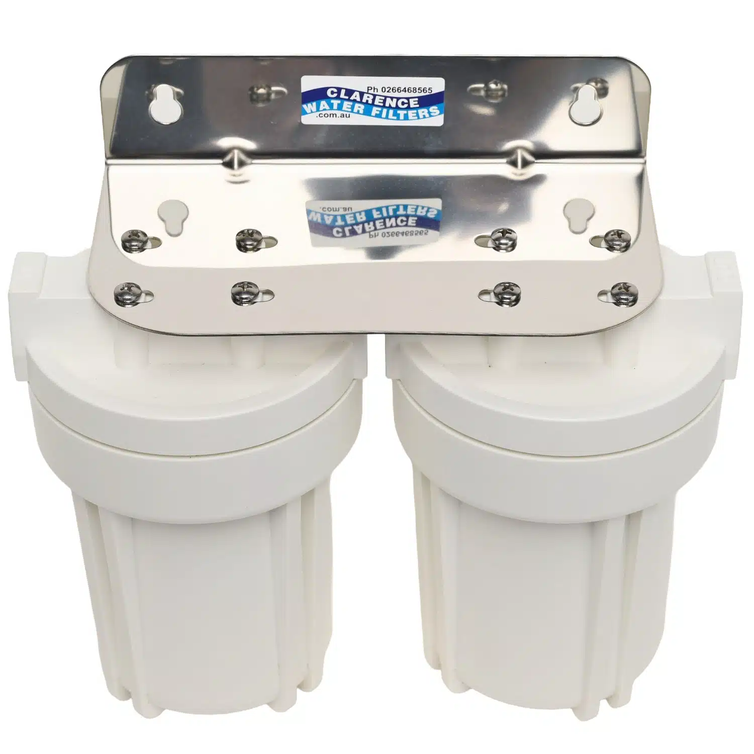 Twin 5 inch by 2 point 5 inch QMP water filter housings made in the usa with bracket and spanner