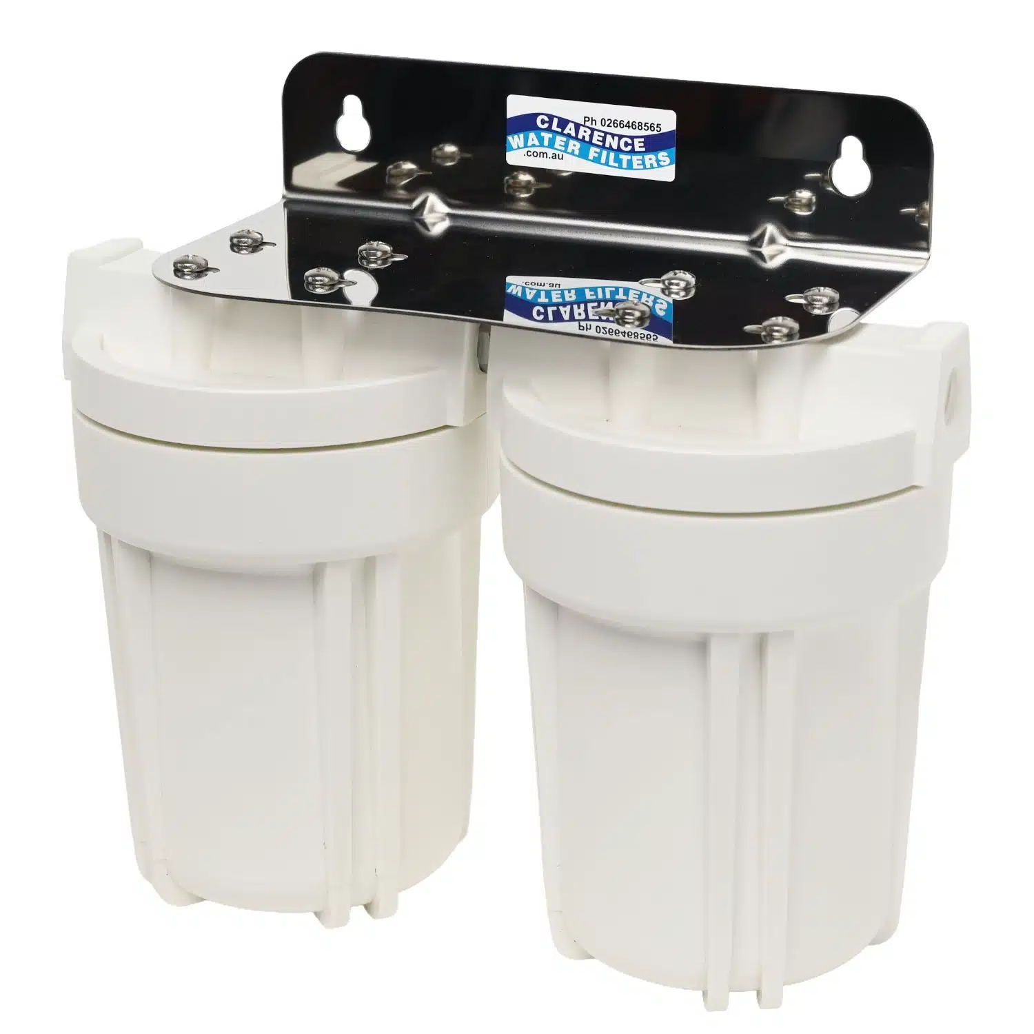 Twin 5 inch by 2 point 5 inch QMP water filter housings made in the usa with bracket and spanner