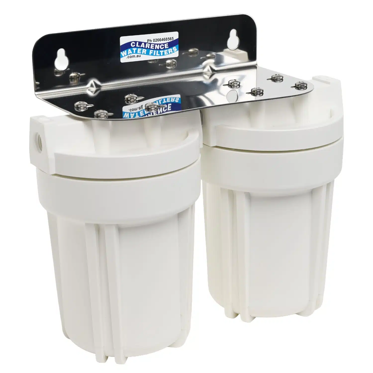 Twin 5 inch by 2 point 5 inch QMP water filter housings made in the usa with bracket and spanner