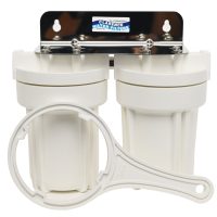 Twin 5 inch by 2 point 5 inch QMP water filter housings made in the usa with bracket and spanner