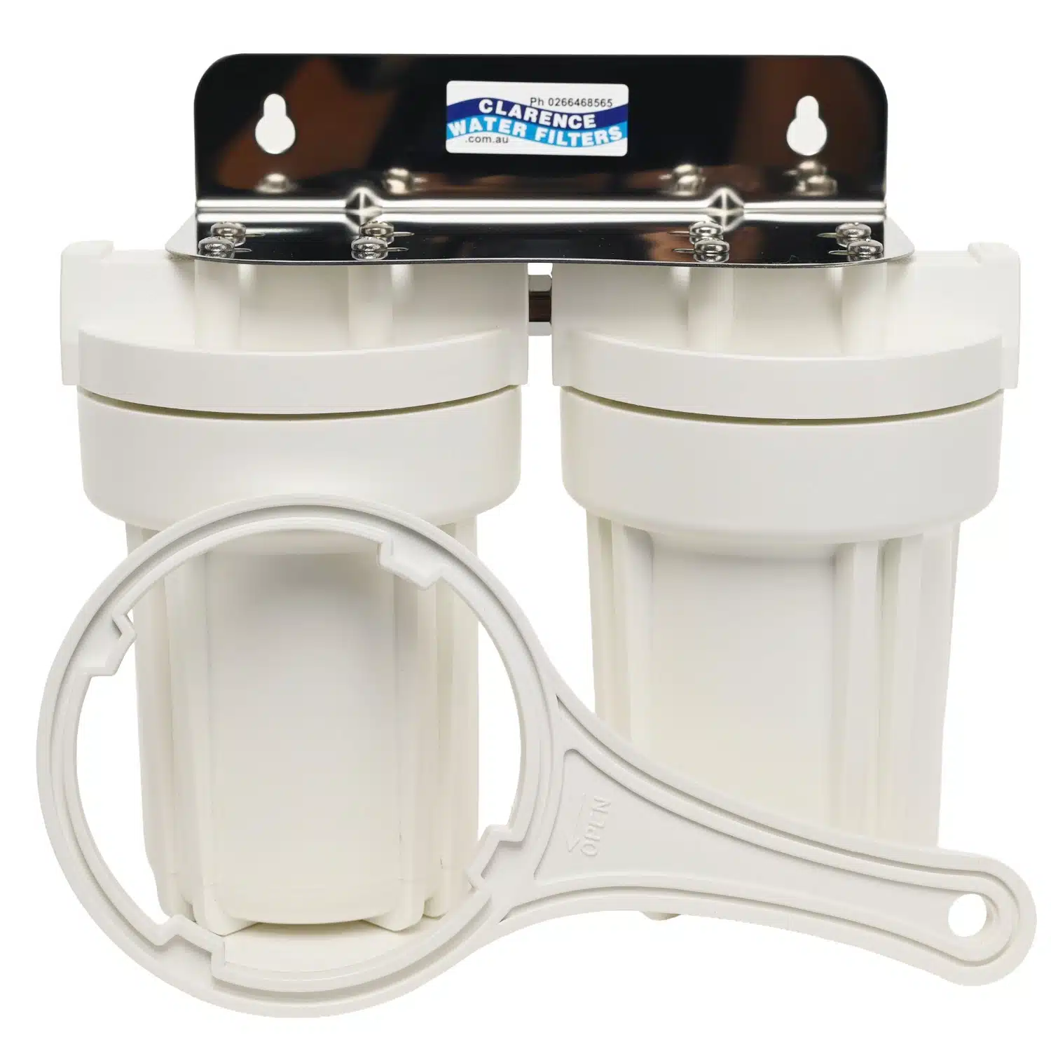 Twin 5 inch by 2 point 5 inch QMP water filter housings made in the usa with bracket and spanner