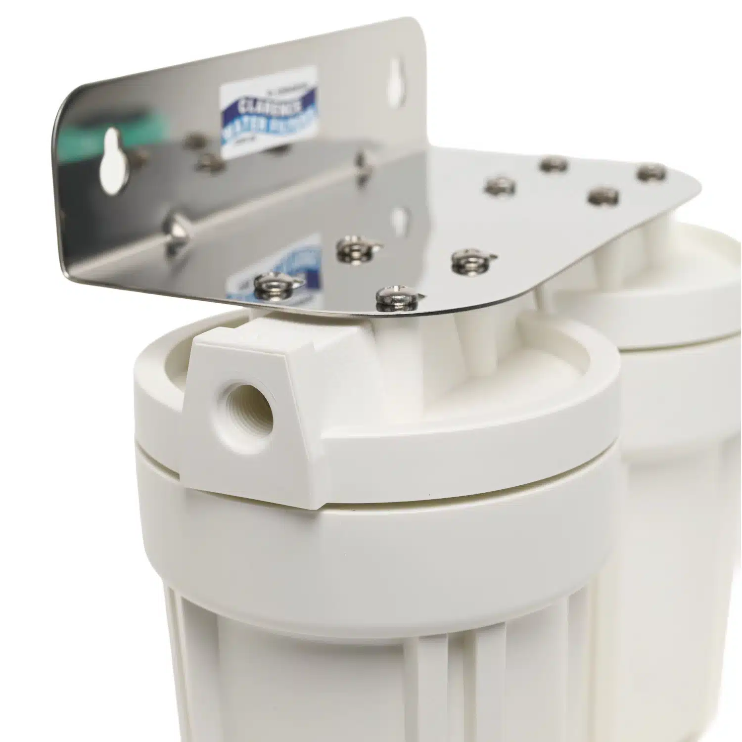 Twin 5 inch by 2 point 5 inch QMP water filter housings made in the usa with bracket and spanner