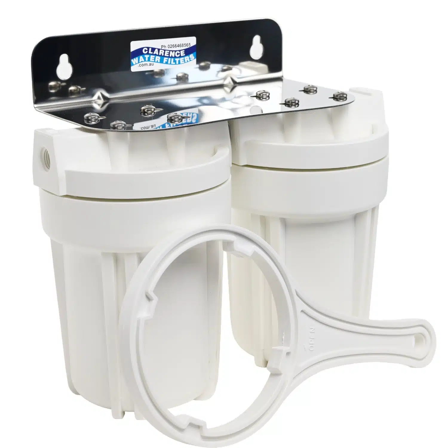 Twin 5 inch by 2 point 5 inch QMP water filter housings made in the usa with bracket and spanner
