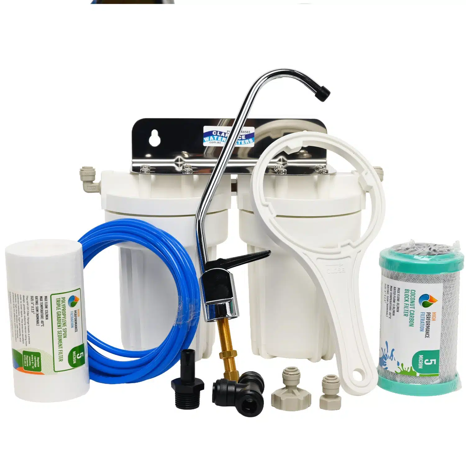 Twin 5 inch by 2 point 5 inch water filter system for caravans boats 4wds and RVs