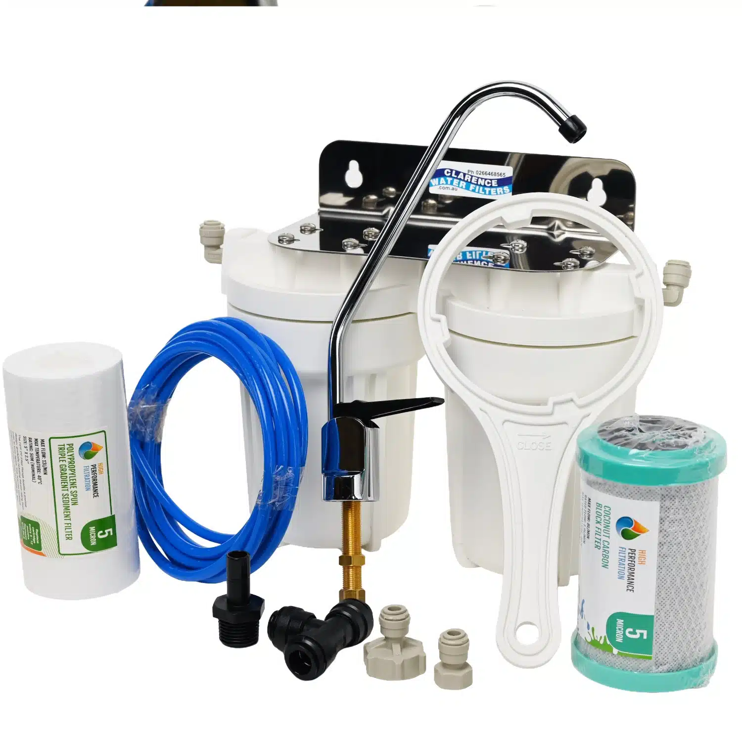 Twin 5 inch by 2 point 5 inch water filter system for caravans boats 4wds and RVs