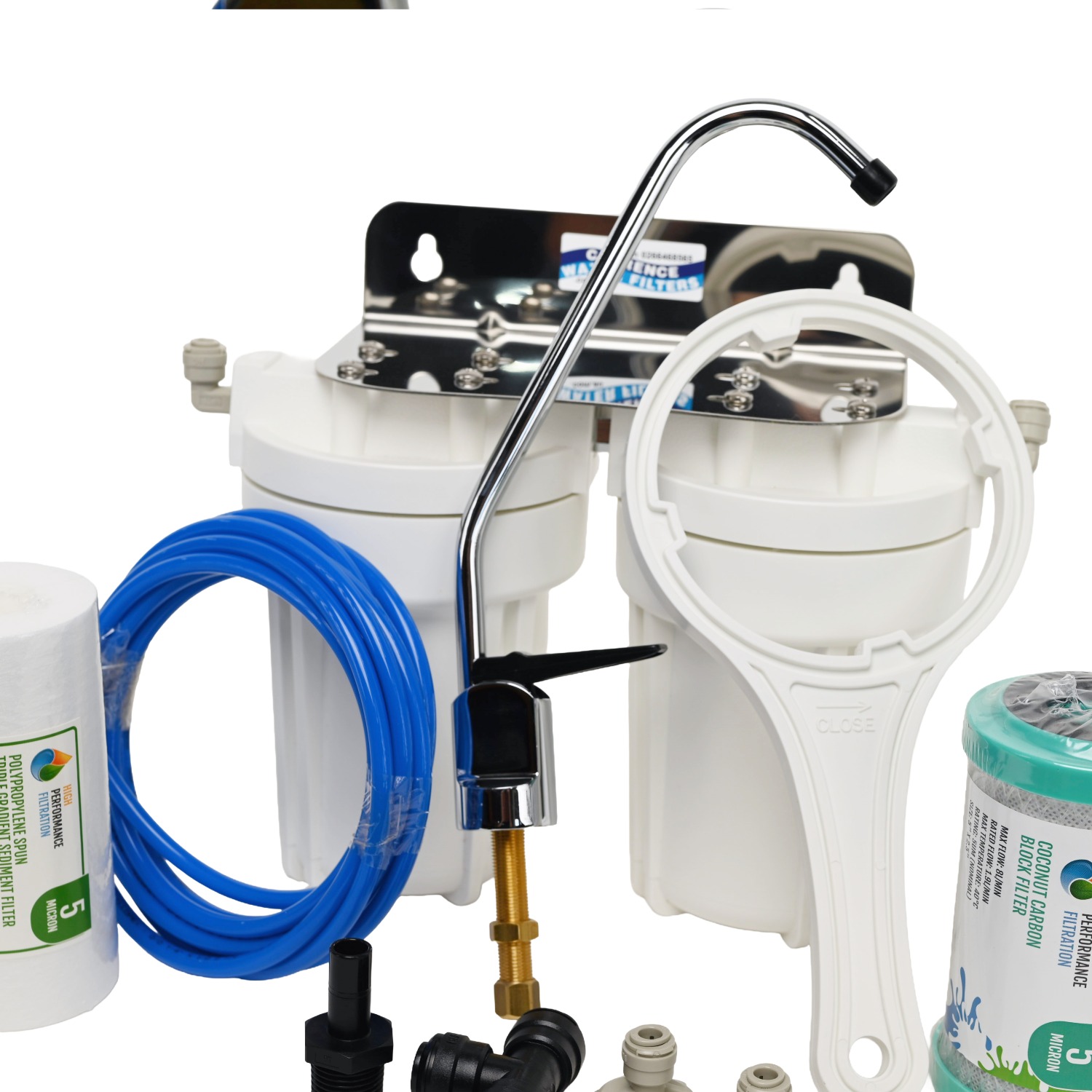 Twin 5 inch by 2 point 5 inch water filter system for caravans boats 4wds and RVs