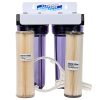 Twin Beer Filtering Kit with two 10 inch filters housings on white steel bracket for yeast haze and sediment reduction