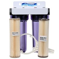 Twin Beer Filtering Kit with two 10 inch filters housings on white steel bracket for yeast haze and sediment reduction
