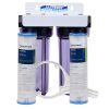 Twin Beer Filtering Kit with two 10 inch filters housings on white steel bracket for yeast haze and sediment reduction