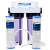 Twin Beer Filtering Kit with two 10 inch filters housings on white steel bracket for yeast haze and sediment reduction