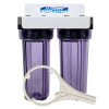 Twin Beer Filtering Kit with two 10 inch filters housings on white steel bracket for yeast haze and sediment reduction
