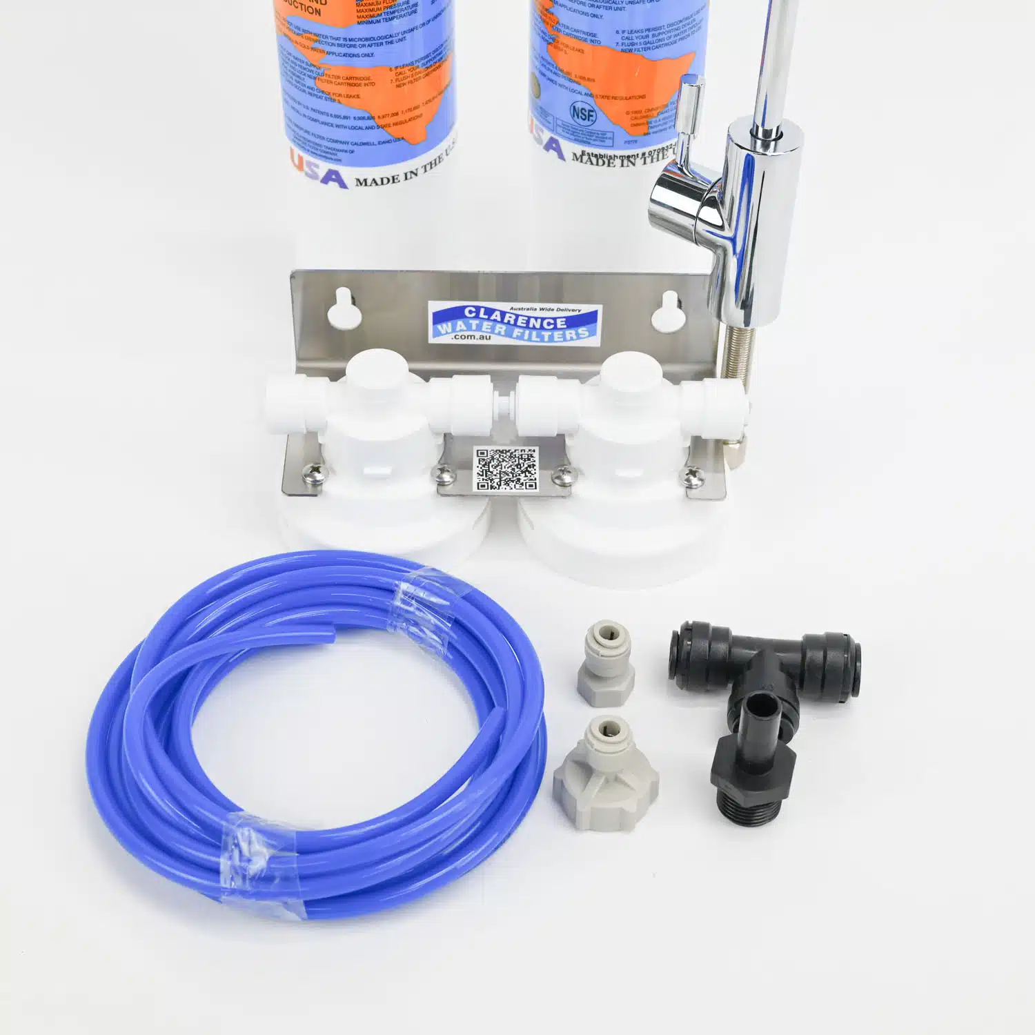Twin Caravan Filter System with Two Omnipure L Series Water Filters Filter Heads Fittings Tubing and Tap