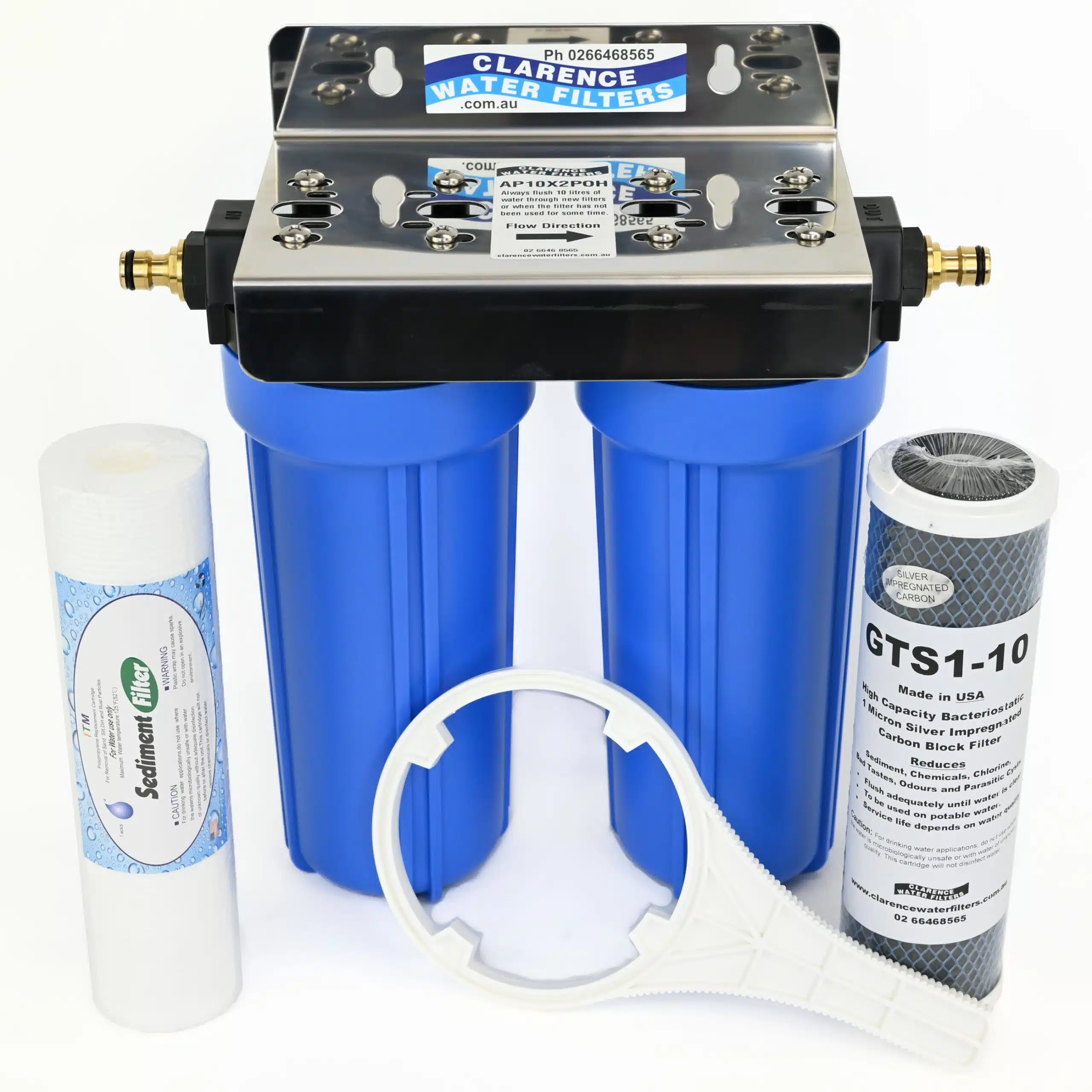 Twin Caravan Water Filter System For Point Of Entry with Brass Push On Hose Fittings and 1 micron silver carbon 10 inch filter
