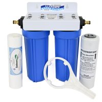 Twin Caravan Water Filter System For Point Of Entry with Brass Push On Hose Fittings and 5 micron silver carbon KDF 10 inch filter