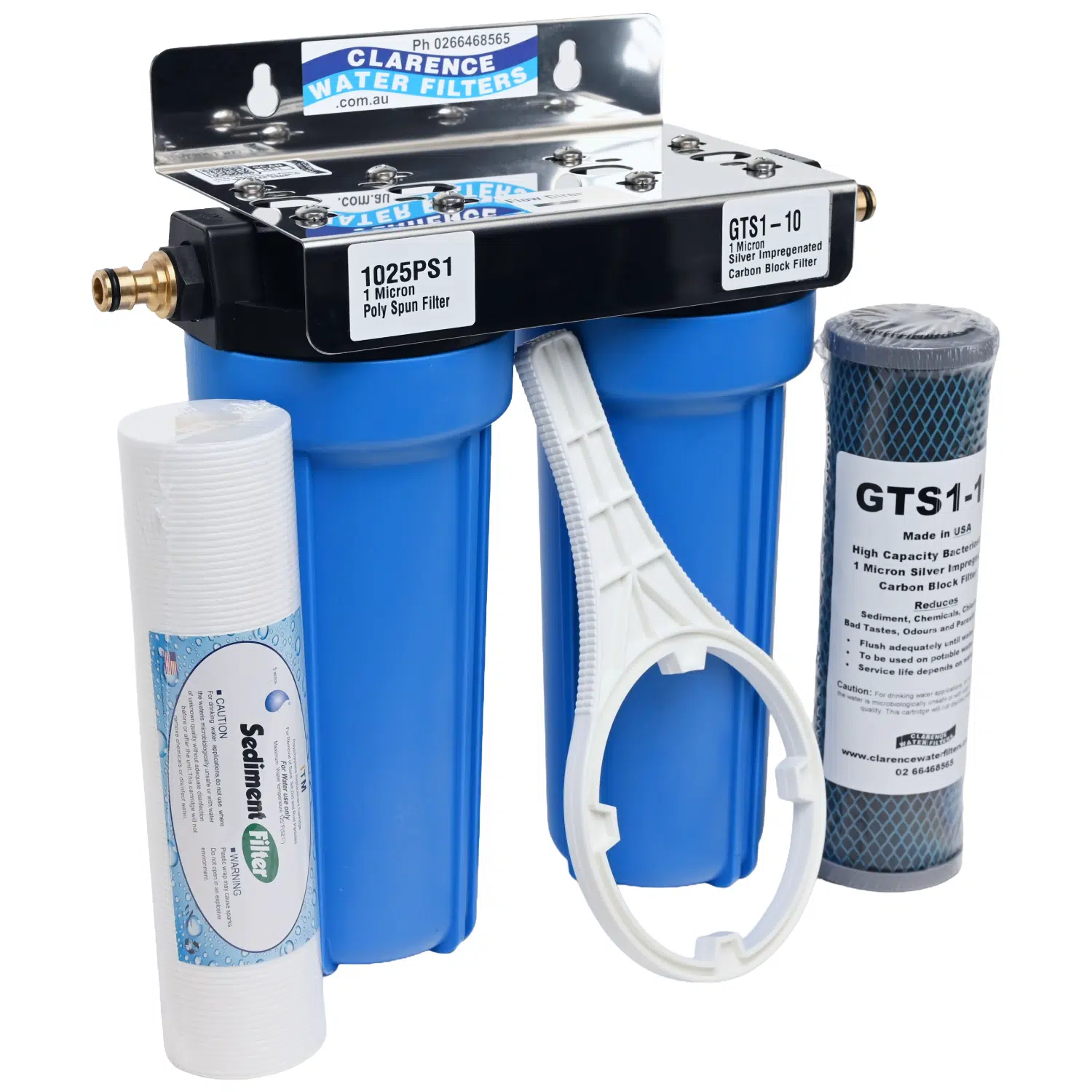 Twin External Caravan Point of Entry Water Filter System with Brass POH fittings GTS1-10 Silver Carbon filter and 1025PS 1 micron sediment filter side angle