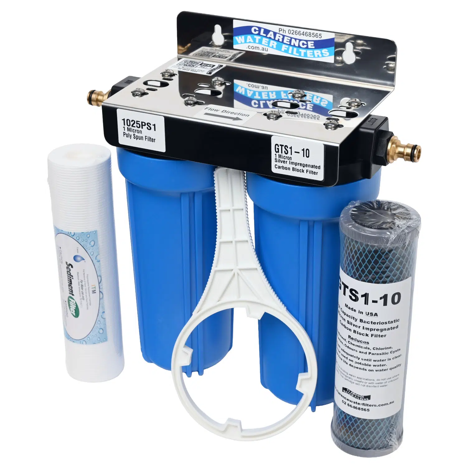 Twin External Caravan Point of Entry Water Filter System with Brass POH fittings GTS1-10 Silver Carbon filter and 1025PS 1 micron sediment filter side angle