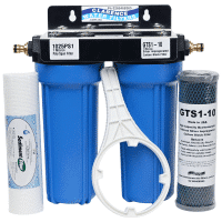 Twin External Caravan Point of Entry Water Filter System with Brass POH fittings GTS1-10 Silver Carbon filter and 1025PS 1 micron sediment filter With Sump Spanner