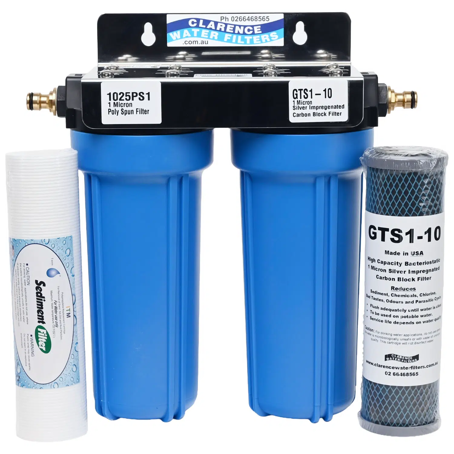 Twin External Caravan Point of Entry Water Filter System with Brass POH fittings GTS1-10 Silver Carbon filter and 1025PS 1 micron sediment filter Without Sump Spanner