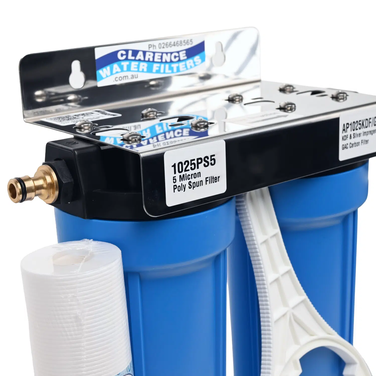 Twin External High Flow Caravan Filter System Brass Push On Hose Fittings Close Up