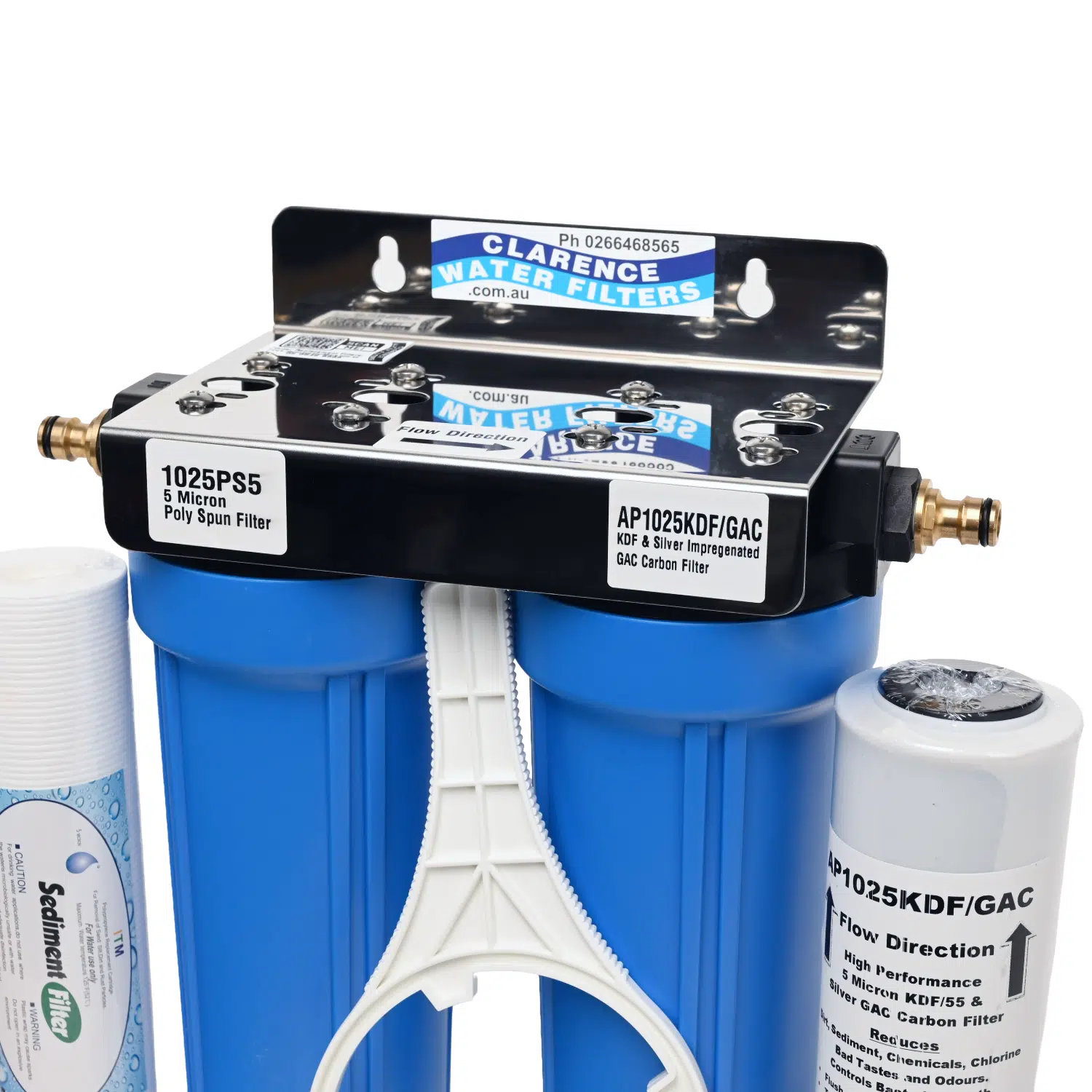 Twin External High Flow Caravan Filter System Stainless Steel Bracket Close Up