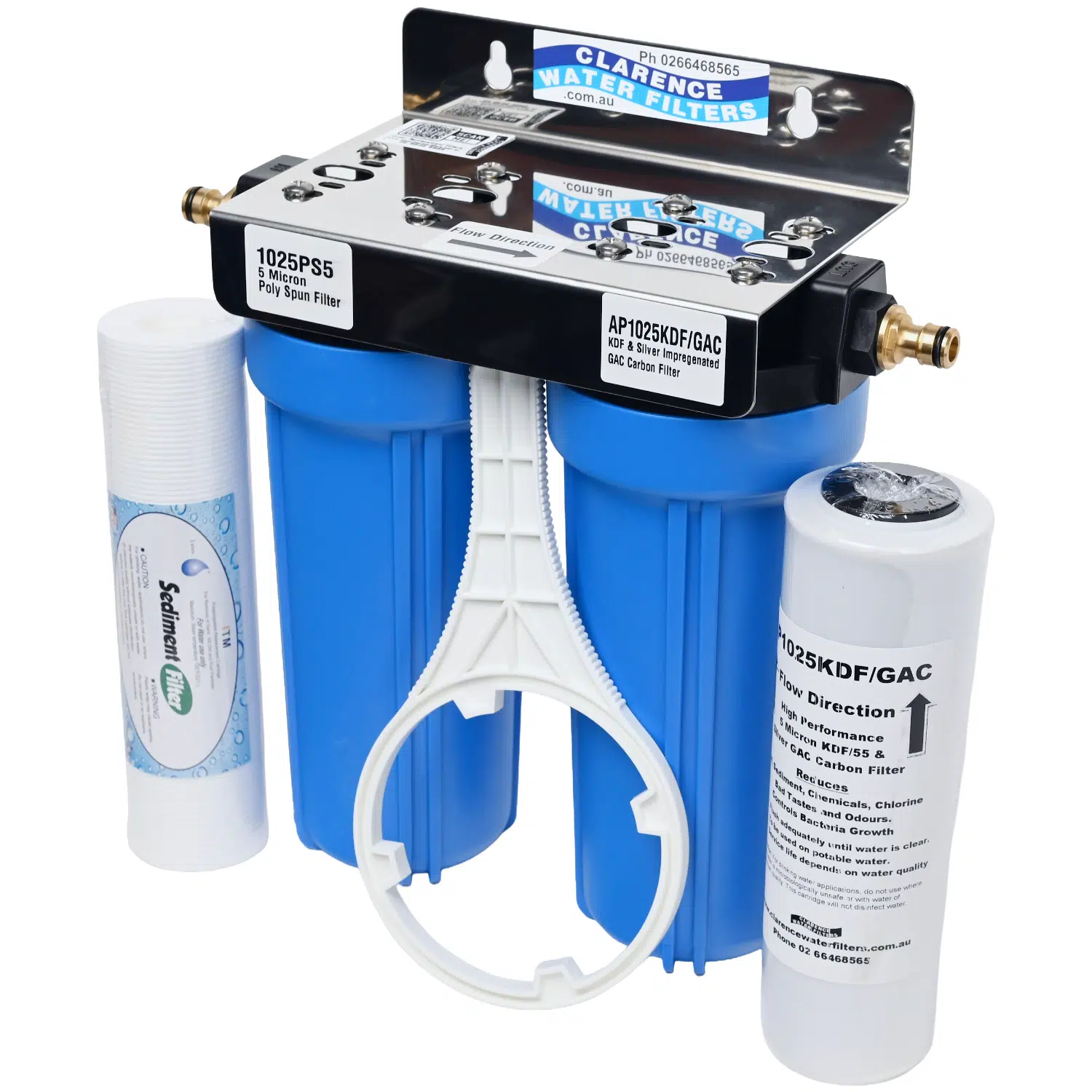 Twin External High Flow Caravan Point of Entry Water Filter System with Brass POH fittings AP1025KDFGAC Silver Carbon filter and 1025PS 5 micron sediment filter