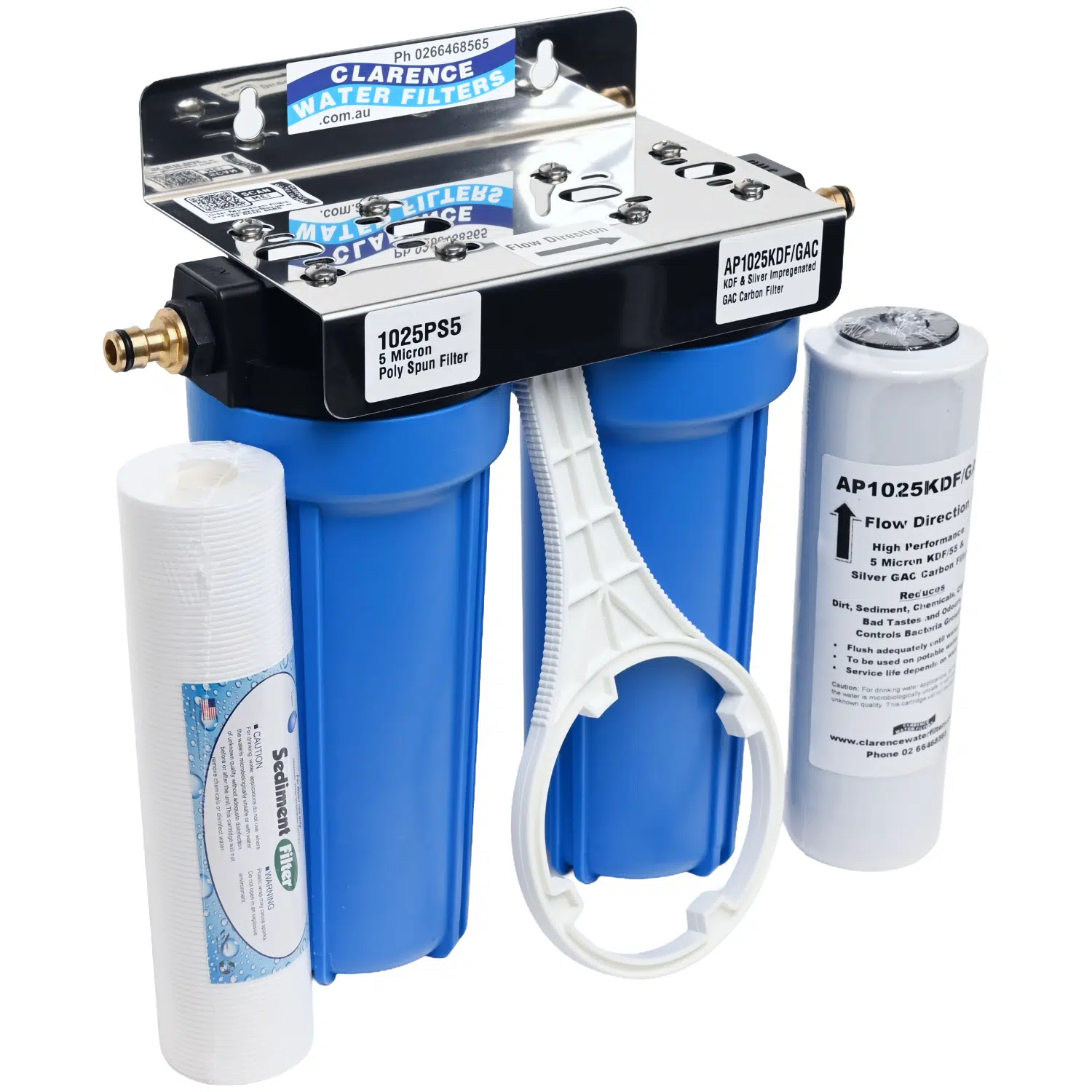 Twin External High Flow Caravan Point of Entry Water Filter System with Brass POH fittings AP1025KDFGAC Silver Carbon filter and 1025PS 5 micron sediment filter