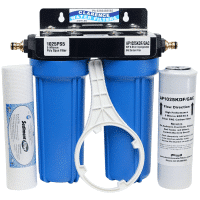 Twin External High Flow Caravan Point of Entry Water Filter System with Brass POH fittings AP1025KDFGAC Silver Carbon filter and 1025PS 5 micron sediment filter with spanner