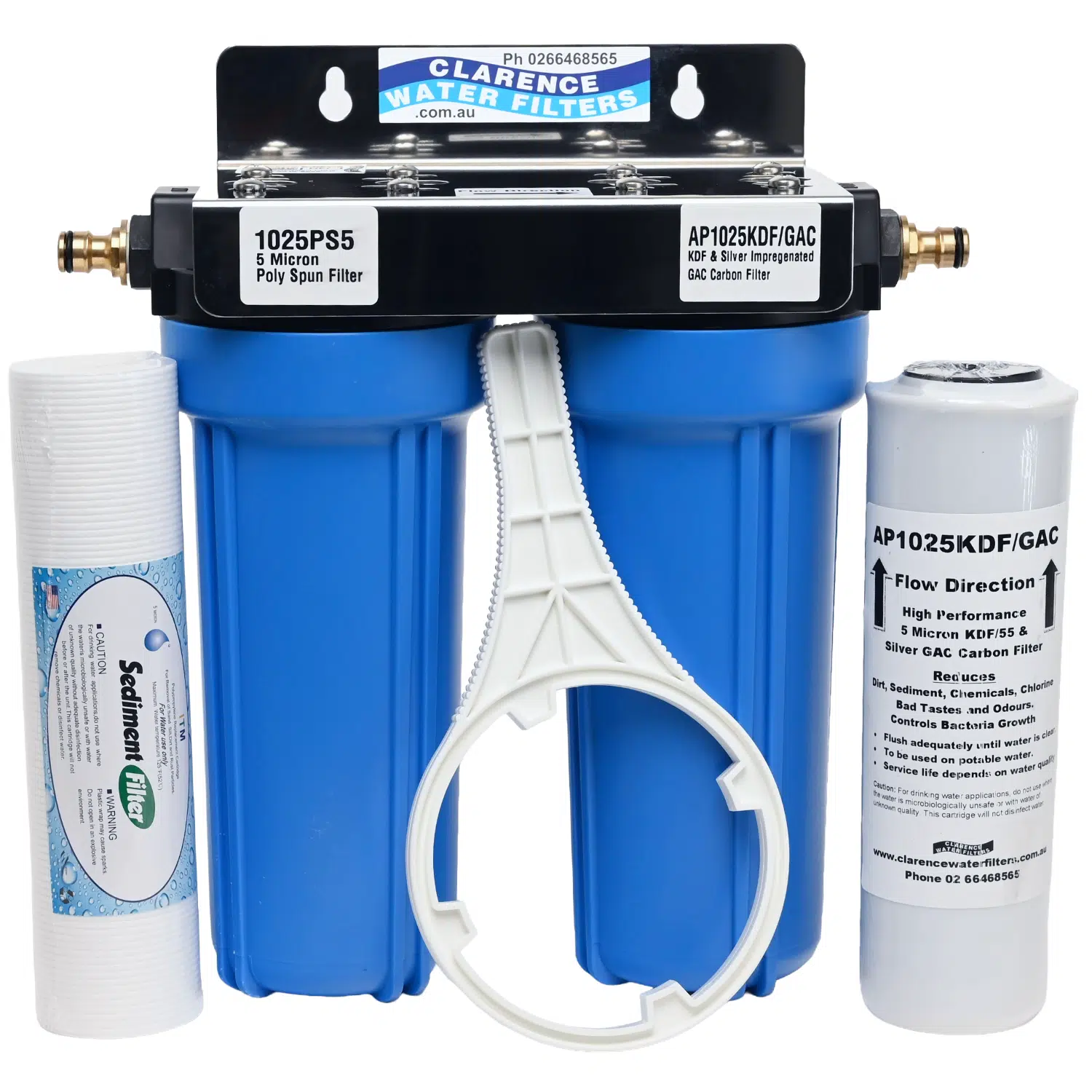 Twin External High Flow Caravan Point of Entry Water Filter System with Brass POH fittings AP1025KDFGAC Silver Carbon filter and 1025PS 5 micron sediment filter with spanner