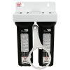 Twin GT8-12 Black 10 inch by 2 point 5 inch water filter housings with half inch ports oin white bracket watermarked