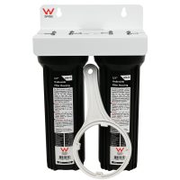 Twin GT8-12 Black 10 inch by 2 point 5 inch water filter housings with half inch ports oin white bracket watermarked