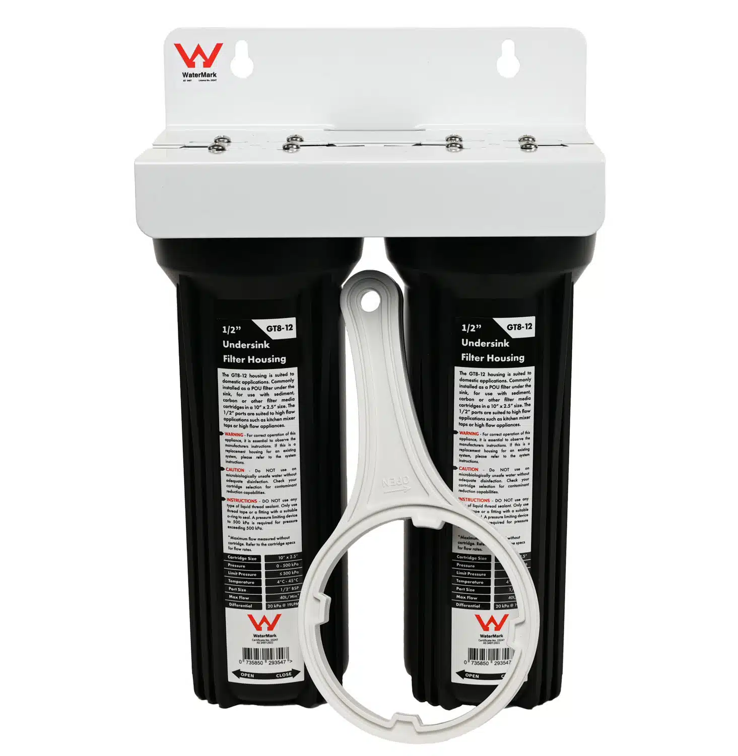 Twin GT8-12 Black 10 inch by 2 point 5 inch water filter housings with half inch ports oin white bracket watermarked