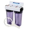 Twin HD1020C Transparent 10 inch Water Filter Housings with 3 quarter inch Bsp Ports on Powder Coated Steel Bracket
