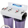Twin HD1020C Transparent 10 inch Water Filter Housings with 3 quarter inch Bsp Ports on Powder Coated Steel Bracket