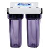 Twin HD1020C Transparent 10 inch Water Filter Housings with 3 quarter inch Bsp Ports on Powder Coated Steel Bracket