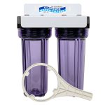 Twin HD1020C Transparent 10 inch Water Filter Housings with 3 quarter inch Bsp Ports on Powder Coated Steel Bracket