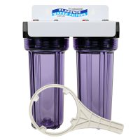 Twin HD1020C Transparent 10 inch Water Filter Housings with 3 quarter inch Bsp Ports on Powder Coated Steel Bracket
