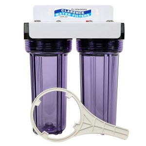Twin HD1020C Transparent 10 inch Water Filter Housings with 3 quarter inch Bsp Ports on Powder Coated Steel Bracket