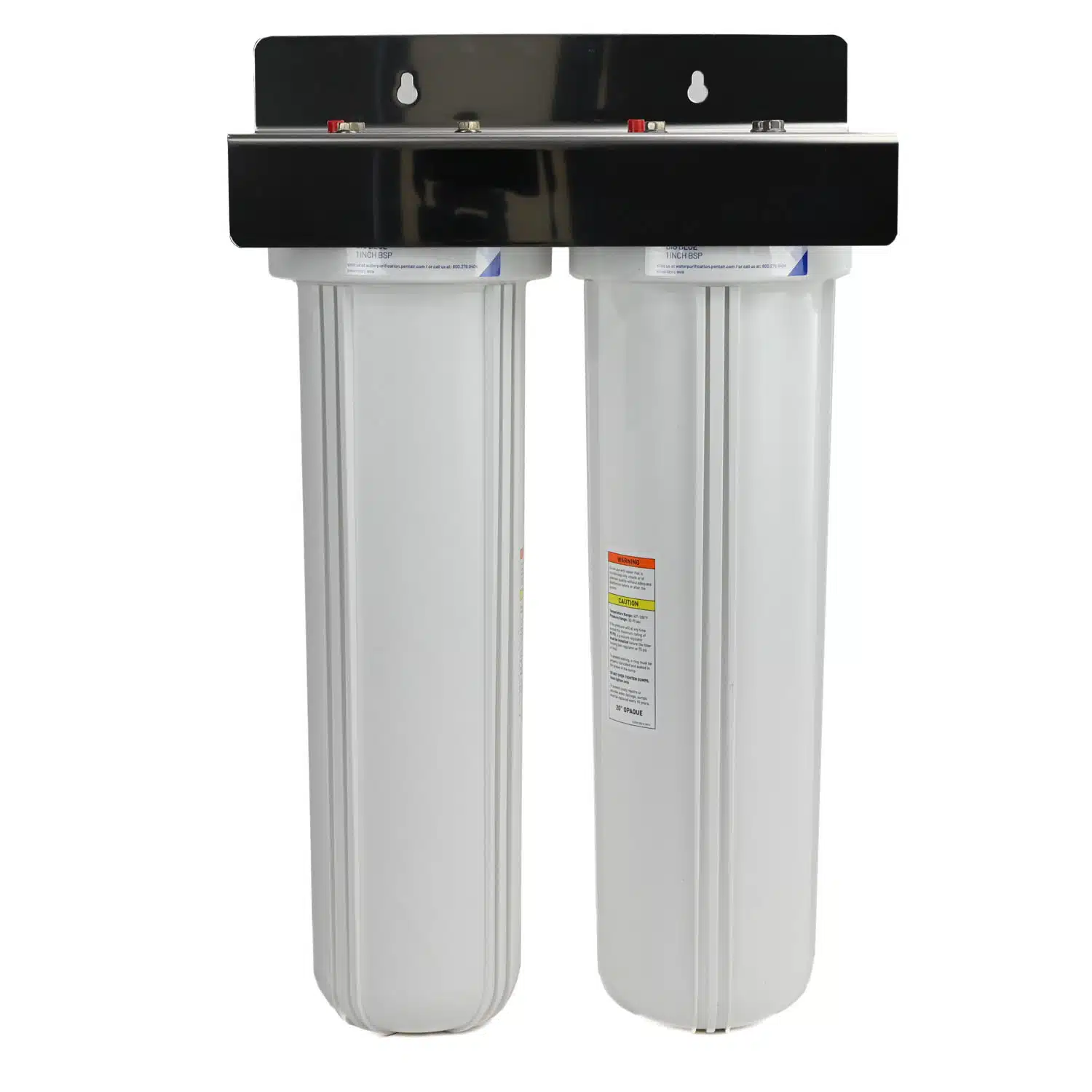 Twin Pentair Big White 20 inch by 4 point 5 inch water filter housings with stainless steel bracket and 1 inch BSP ports