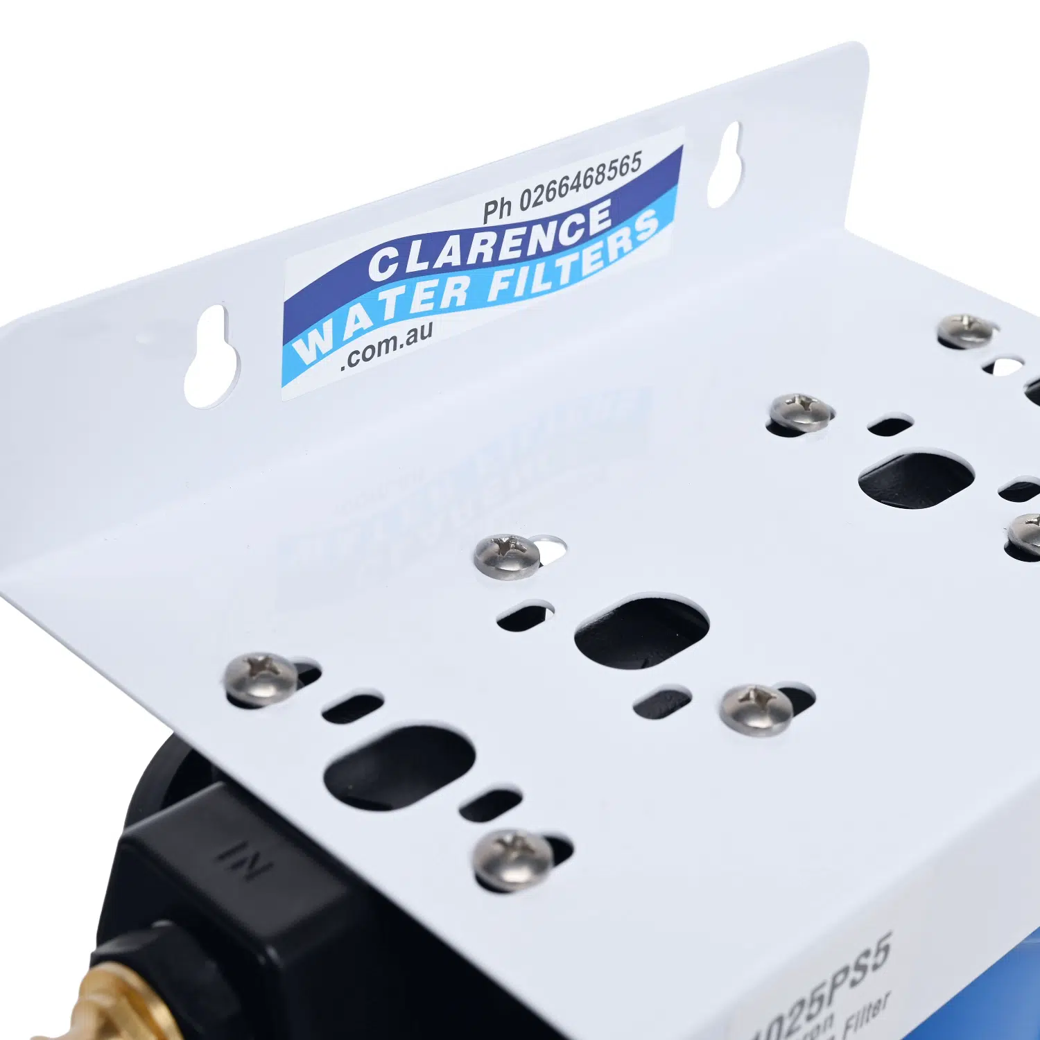 Twin Point of Entry Caravan Water Filter Clouse Up View of White Powder coated Bracket