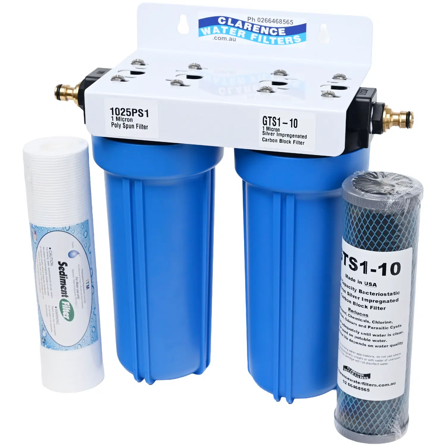 Twin Point of Entry Caravan Water Filter System 1ith 1 micron Silver Carbon filter 1 micron Sediment filter - no spanner - Side view