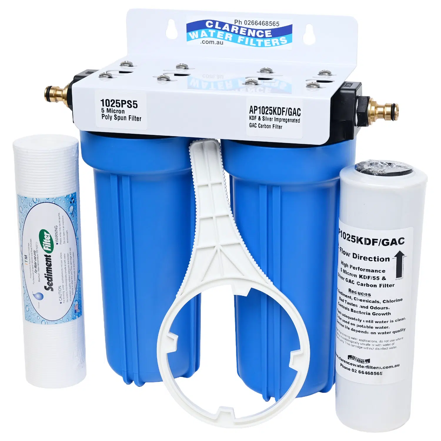 Twin Point of Entry Caravan Water Filter System 1ith 5 micron KDF Silver Carbon filter and 5 micron Sediment filter with spanner side view from left