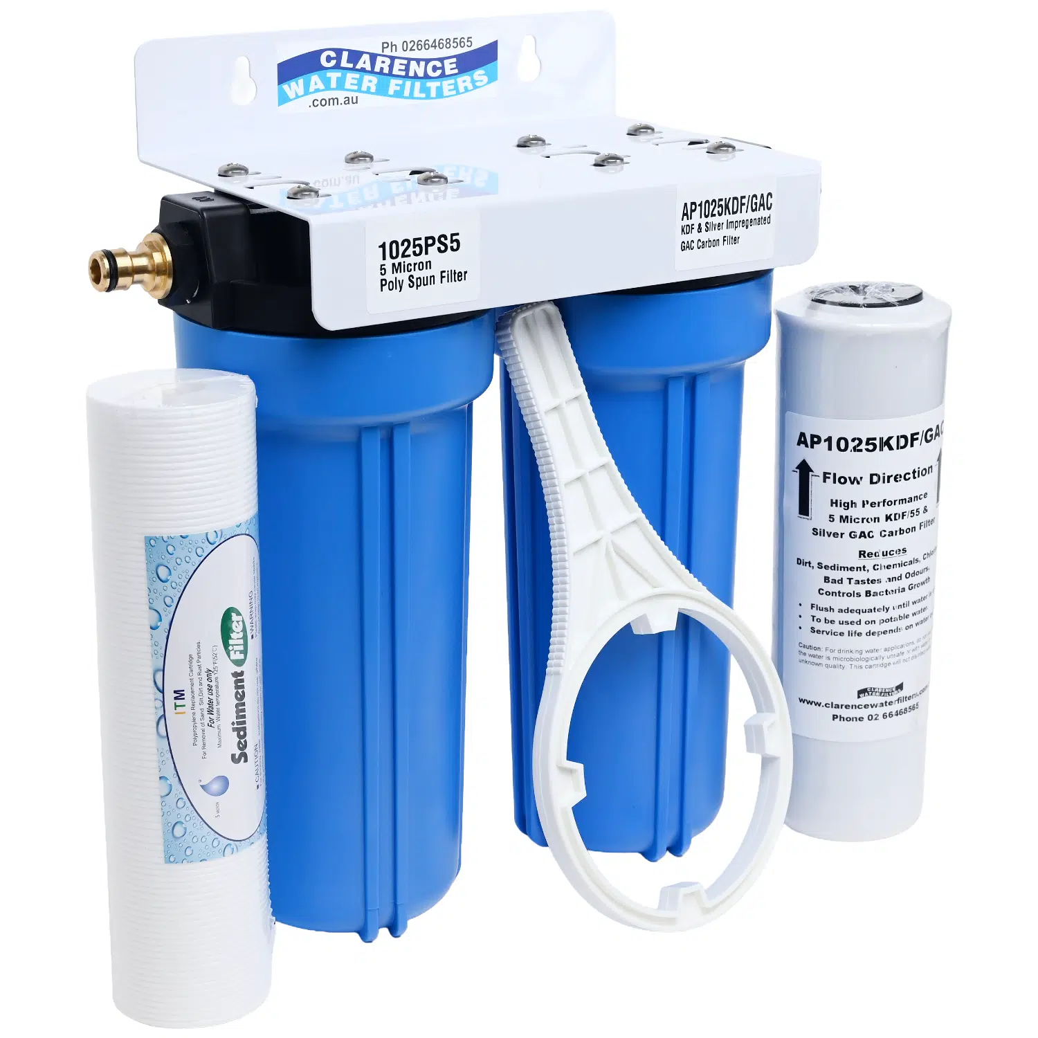 Twin Point of Entry Caravan Water Filter System 1ith 5 micron KDF Silver Carbon filter and 5 micron Sediment filter with spanner side view