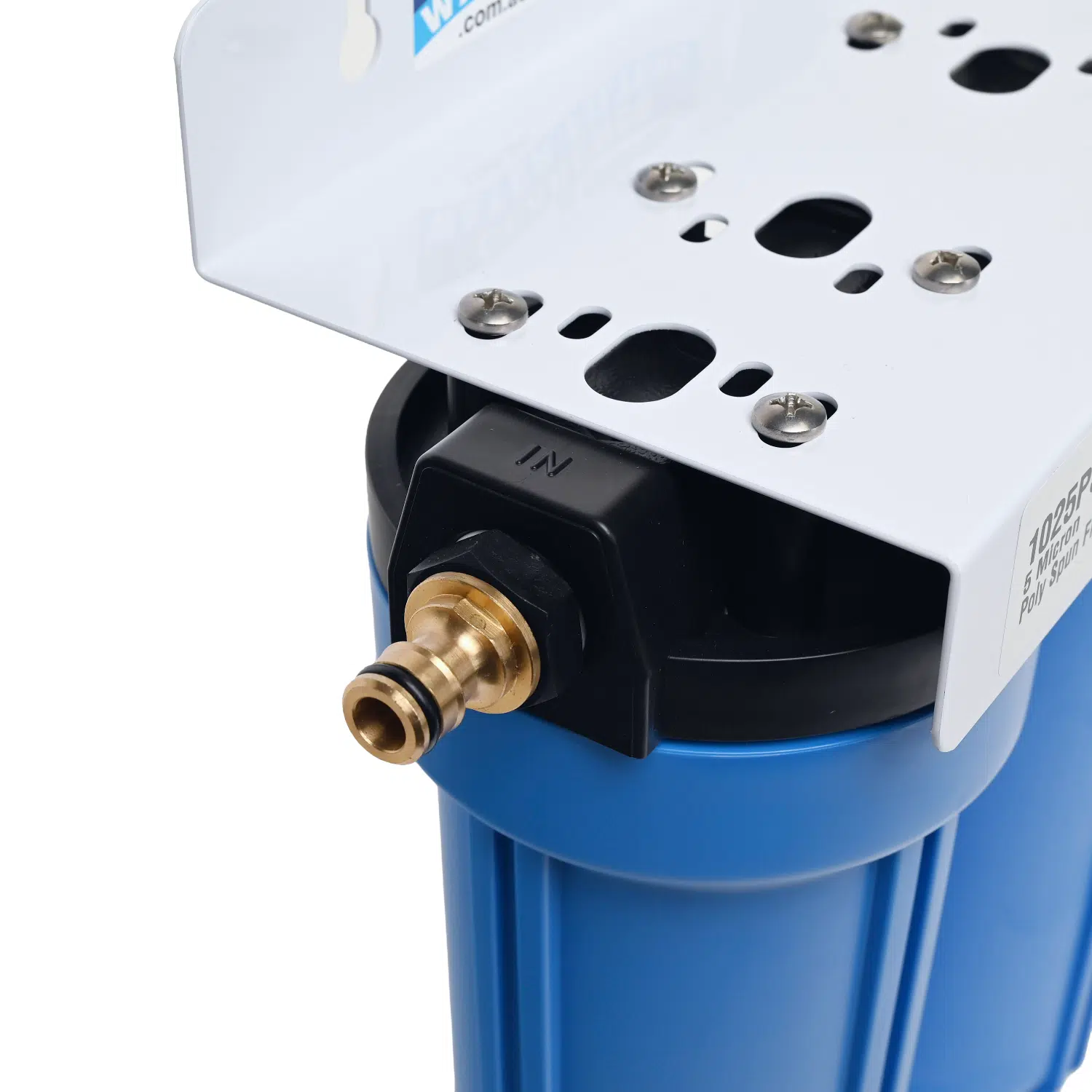 Twin Point of Entry Caravan Water Filter System Close up photo of Brass push on hose fittings