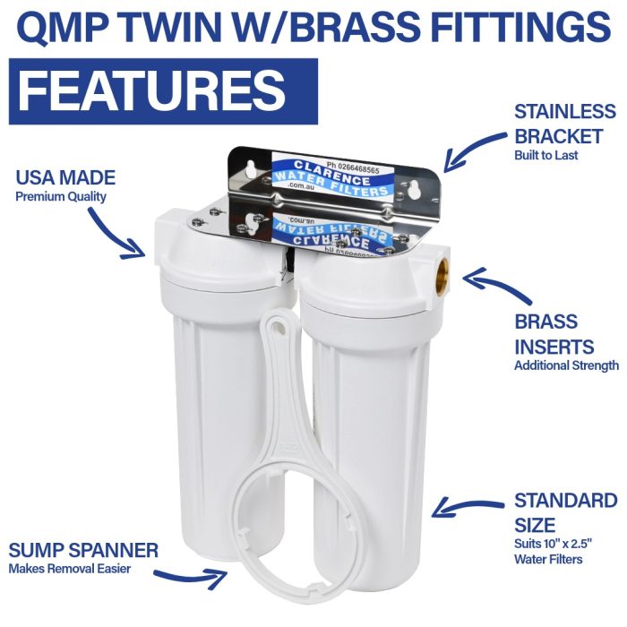 Twin QMP 10 inch by 2 point 5 inch Water Filter Housing with three quarter inch Brass ports